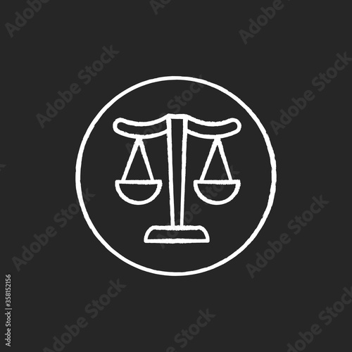Balanced scales chalk white icon on black background. Freelance notary services. Attorney for legal protection. Lawyer to defend in court. Criminal justice. Isolated vector chalkboard illustration