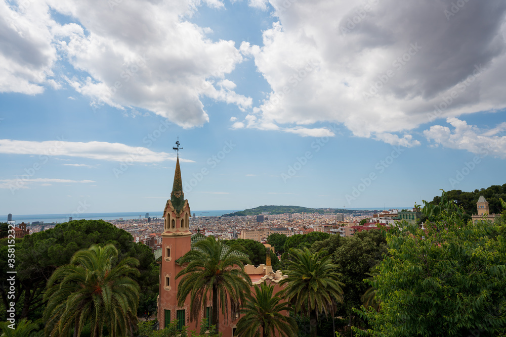 BARCELONA, CATALONIA, SPAIN - JUNE 12, 2020: The famous Parc Güell designed by the architect Gaudi. Without tourists during phase 2 of the Covid-19 deescalation in the city of Barcelona.