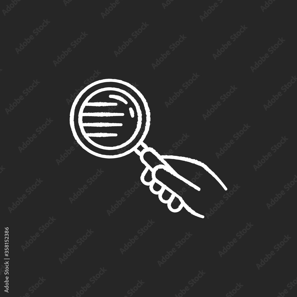 Magnify glass chalk white icon on black background. Hand with lens. Close inspection. Search for information. Freelance detective. Business research. Isolated vector chalkboard illustration Magnify glass chalk white icon on black background. Hand with lens. Close inspection. Search for information. Freelance detective. Business research. Isolated vector chalkboard illustration