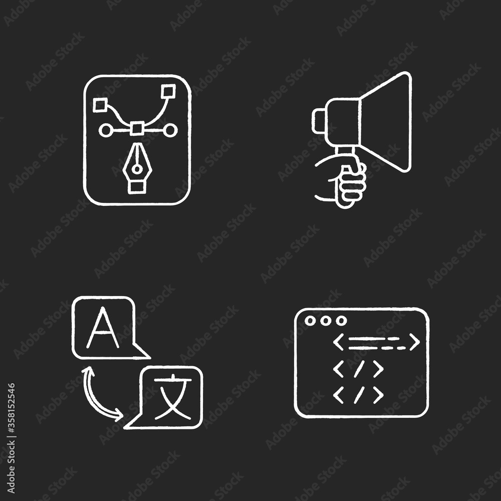 Freelancer attributes chalk white icons set on black background. Pen cursor edit. Designer software. Announcement for campaign. Online translation. Isolated vector chalkboard illustrations Freelancer attributes chalk white icons set on black background. Pen cursor edit. Designer software. Announcement for campaign. Online translation. Isolated vector chalkboard illustrations