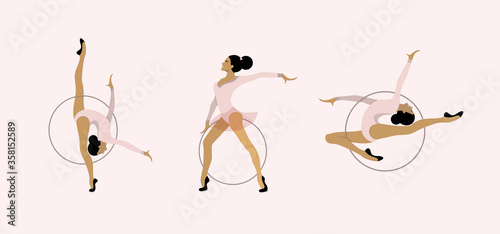 Set girl rhythmic gymnastics with hoops vector illustration. Women Acrobatic Gymnastics, flat vector illustration.