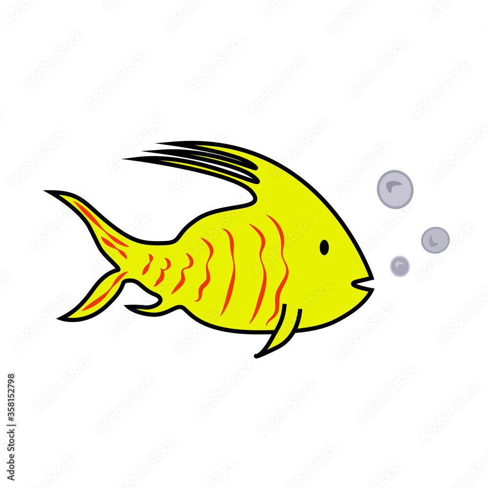 Yellow sea fish with a long upper fin and red stripes. Air bubbles. Isolated on white. Vector EPS10. Yellow sea fish with a long upper fin and red stripes. Air bubbles. Isolated on white. Vector EPS10.