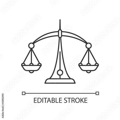 Libra zodiac sign pixel perfect linear icon. Judicial system, equilibrium, horoscope scales thin line customizable illustration. Contour symbol. Vector isolated outline drawing. Editable stroke