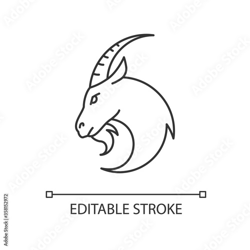 Capricorn zodiac sign pixel perfect linear icon. Astrology, horoscope goat thin line customizable illustration. Contour symbol. Domestic cattle. Vector isolated outline drawing. Editable stroke