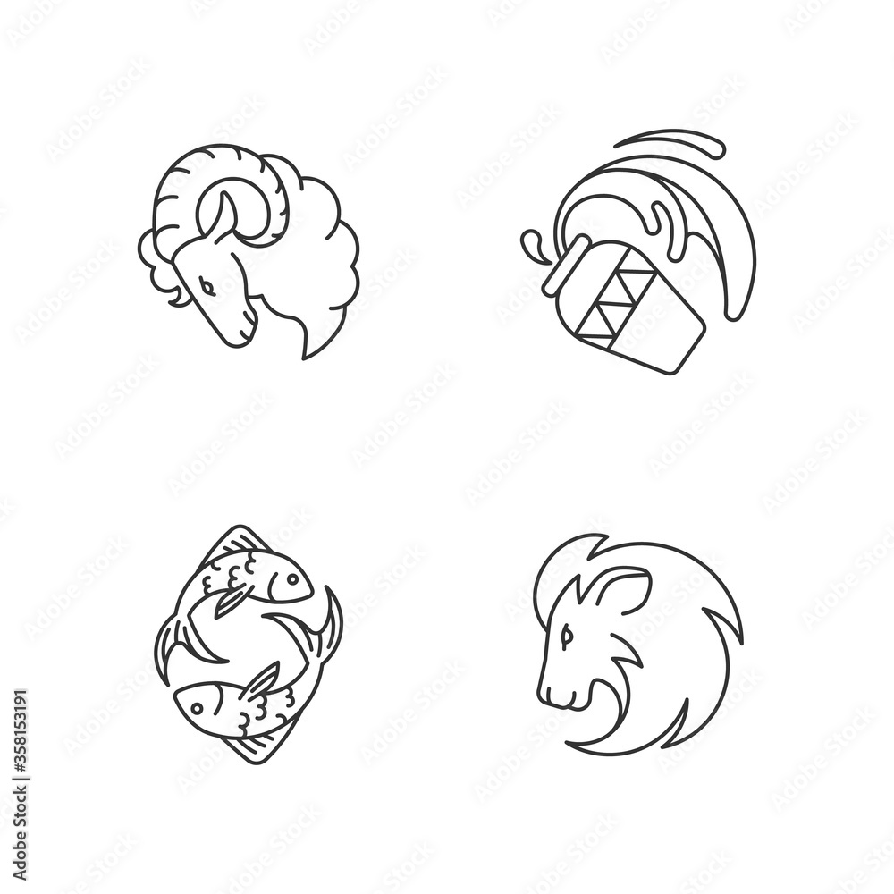 Horoscope signs pixel perfect linear icons set. Ram, water bearer, lion and fish zodiac customizable thin line contour symbols. Isolated vector outline illustrations. Editable stroke Horoscope signs pixel perfect linear icons set. Ram, water bearer, lion and fish zodiac customizable thin line contour symbols. Isolated vector outline illustrations. Editable stroke