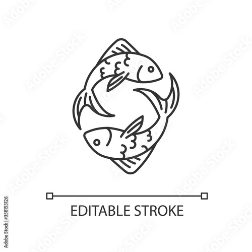Pisces zodiac sign pixel perfect linear icon. Horoscope fish thin line customizable illustration. Contour symbol. Astrological birth sign. Two fishes vector isolated outline drawing. Editable stroke