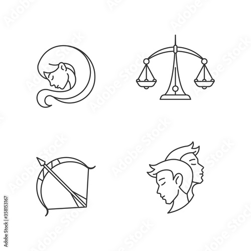 Birth signs pixel perfect linear icons set. Maiden, scales, archer and twins zodiac horoscope signs. Customizable thin line contour symbols. Isolated vector outline illustrations. Editable stroke