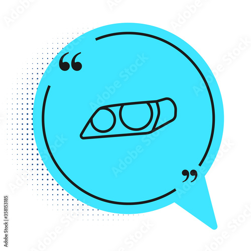 Black line Car headlight icon isolated on white background. Blue speech bubble symbol. Vector Illustration