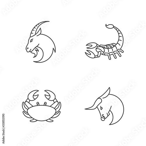 Astrological signs pixel perfect linear icons set. Goat, crab, scorpion and bull zodiac customizable thin line contour symbols. Isolated vector outline illustrations. Editable stroke