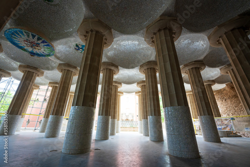 BARCELONA, CATALONIA, SPAIN - JUNE 12, 2020: The famous Parc Güell designed by the architect Gaudi. Without tourists during phase 2 of the Covid-19 deescalation in the city of Barcelona.