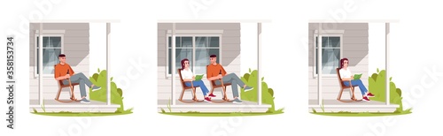 People relax on patio during daytime semi flat RGB color vector illustration set. Man and woman sit in armchair. Girl read in chair. Family isolated cartoon characters pack on white background