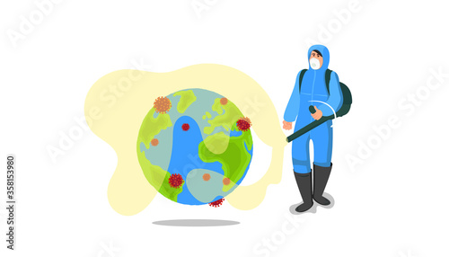 Coronavirus fight. Specialist in a protective suit sprays a special tool on the planet to destroy the dangerous coronavirus. Cleaning , disinfecting to prevent covid-19 around the world