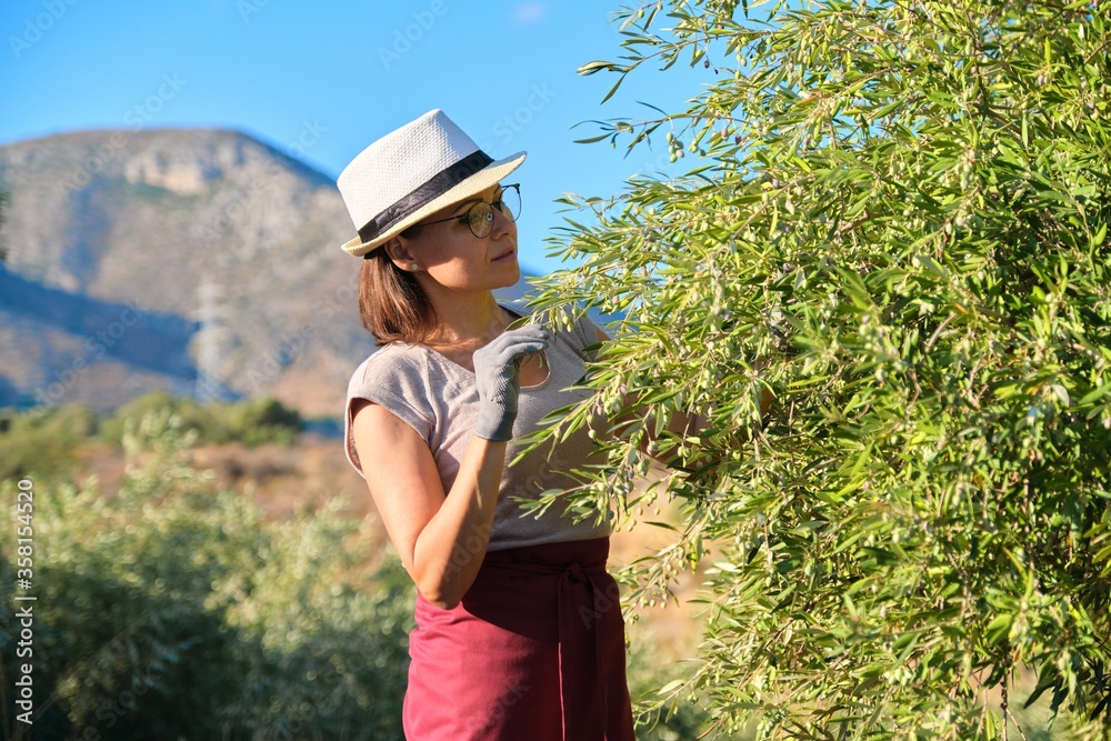 Adult woman holds in her hand branch with an olive tree
