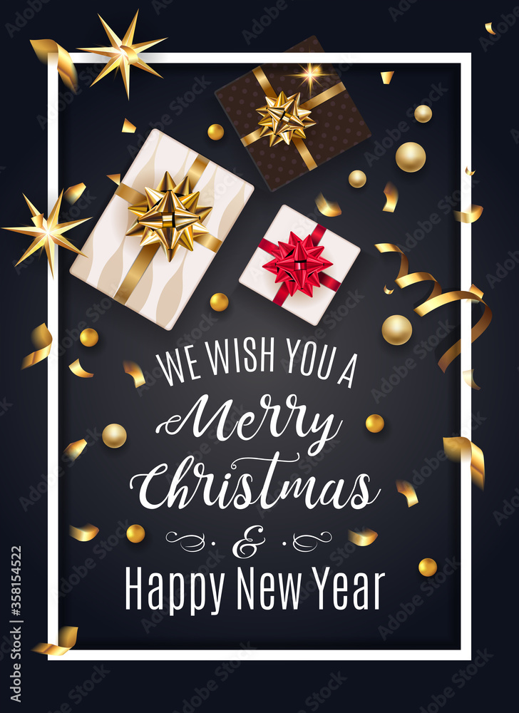 Christmas greeting black card with gift box and gold bow and gift. Happy New Year decoration with confetti and light garland. Christmas typographical background with gold stars and elements. Vector. Christmas greeting black card with gift box and gold bow and gift. Happy New Year decoration with confetti and light garland. Christmas typographical background with gold stars and elements. Vector.