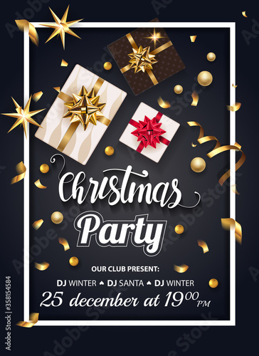 Vintage Christmas Party design template. New Year Vector flyer with Christmas ddecorations  fir tree and gifts boxes. Light garlands and confetti. New Year celebration. EPS10