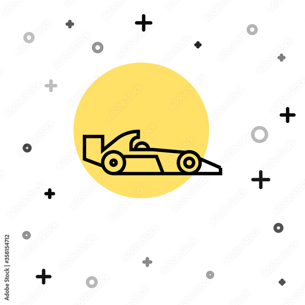 Black line Formula 1 racing car icon isolated on white background. Random dynamic shapes. Vector Illustration Black line Formula 1 racing car icon isolated on white background. Random dynamic shapes. Vector Illustration