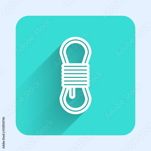 White line Climber rope icon isolated with long shadow. Extreme sport. Sport equipment. Green square button. Vector Illustration