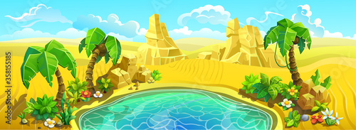 Oasis  with lake and palm trees in desert. Sands dunes around smal lake. Vector illustration.
