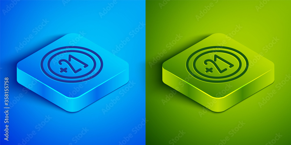 Isometric line Alcohol 21 plus icon isolated on blue and green background. Prohibiting alcohol beverages. Square button. Vector Illustration Isometric line Alcohol 21 plus icon isolated on blue and green background. Prohibiting alcohol beverages. Square button. Vector Illustration