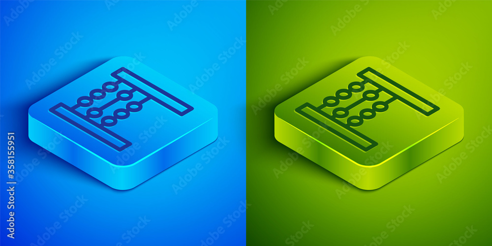 Isometric line Abacus icon isolated on blue and green background. Traditional counting frame. Education sign. Mathematics school. Square button. Vector Illustration Isometric line Abacus icon isolated on blue and green background. Traditional counting frame. Education sign. Mathematics school. Square button. Vector Illustration