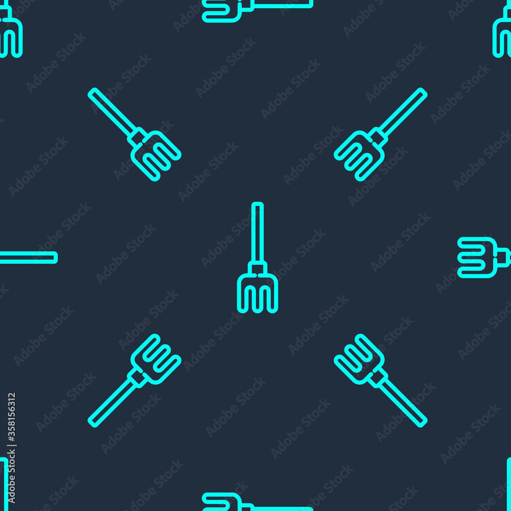 Green line Garden rake icon isolated seamless pattern on blue background. Tool for horticulture, agriculture, farming. Ground cultivator. Vector Illustration Green line Garden rake icon isolated seamless pattern on blue background. Tool for horticulture, agriculture, farming. Ground cultivator. Vector Illustration