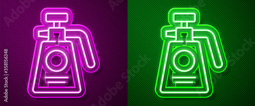 Glowing neon line Garden sprayer for water, fertilizer, chemicals icon isolated on purple and green background. Vector Illustration