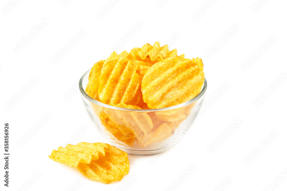 Potato chips on bowl isolated on white background Potato chips on bowl isolated on white background