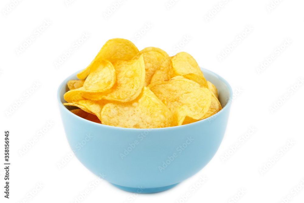 Potato chips in blue bowl isolated on white background Potato chips in blue bowl isolated on white background