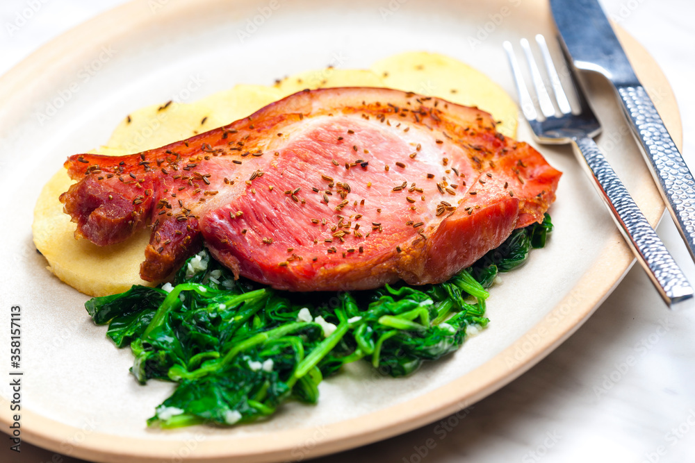 smoke meat with spinach and potato dumplings smoke meat with spinach and potato dumplings