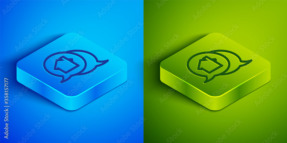 Isometric line Real estate message house in speech bubble icon isolated on blue and green background. Square button. Vector Illustration Isometric line Real estate message house in speech bubble icon isolated on blue and green background. Square button. Vector Illustration
