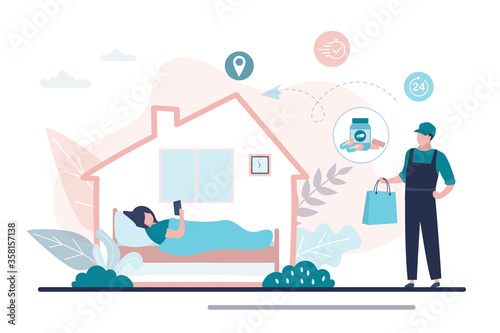 Woman stay at home, sick girl lies in bed. Free medication delivery. Online pharmacy, delivery man hold bag with medical drugs.