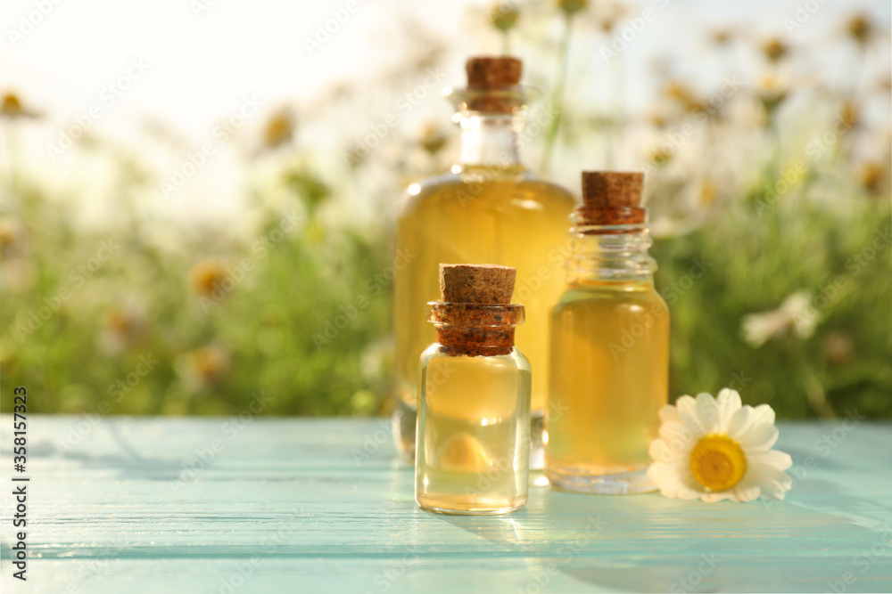 Bottles of chamomile essential oil on light blue wooden table in field. Space for text Bottles of chamomile essential oil on light blue wooden table in field. Space for text