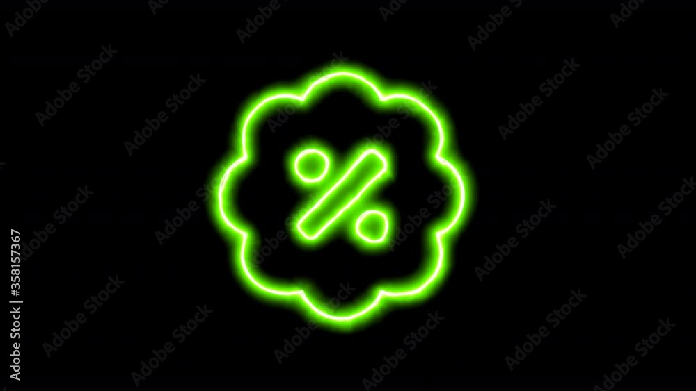 The appearance of the green neon symbol badge percent. Flicker, In - Out. Alpha channel Premultiplied - Matted with color black The appearance of the green neon symbol badge percent. Flicker, In - Out. Alpha channel Premultiplied - Matted with color black