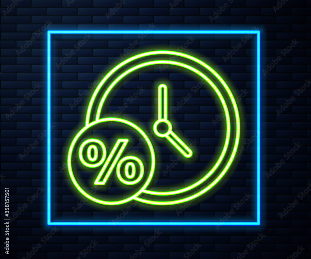 Glowing neon line Clock and percent icon isolated on brick wall background. Vector Illustration Glowing neon line Clock and percent icon isolated on brick wall background. Vector Illustration