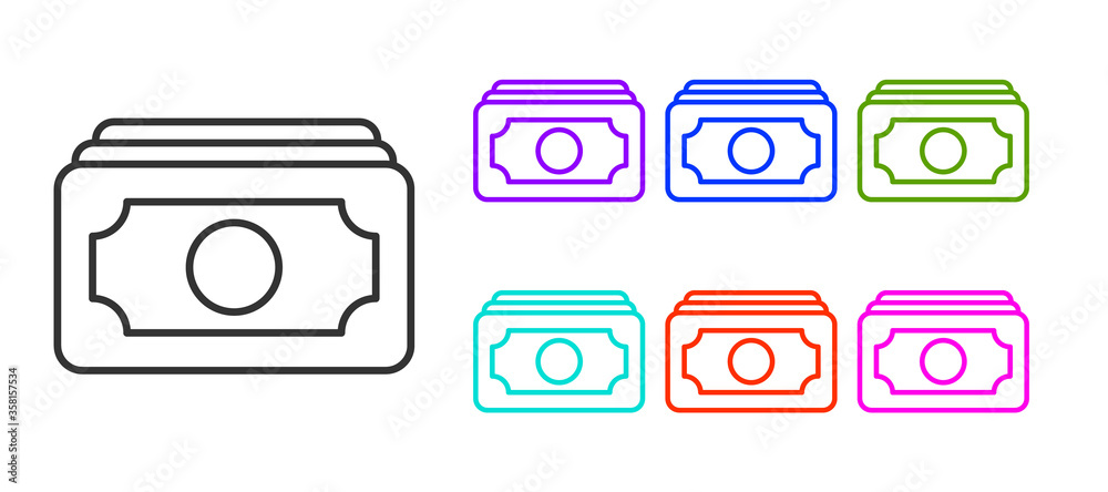 Black line Stacks paper money cash icon isolated on white background. Money banknotes stacks. Bill currency. Set icons colorful. Vector Illustration Black line Stacks paper money cash icon isolated on white background. Money banknotes stacks. Bill currency. Set icons colorful. Vector Illustration