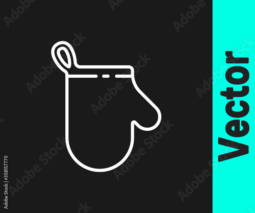 White line Oven glove icon isolated on black background. Kitchen potholder sign. Cooking glove. Vector Illustration