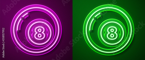 Glowing neon line Billiard pool snooker ball icon isolated on purple and green background. Vector Illustration