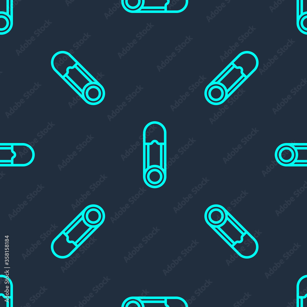 Green line Classic closed steel safety pin icon isolated seamless pattern on blue background. Vector Illustration