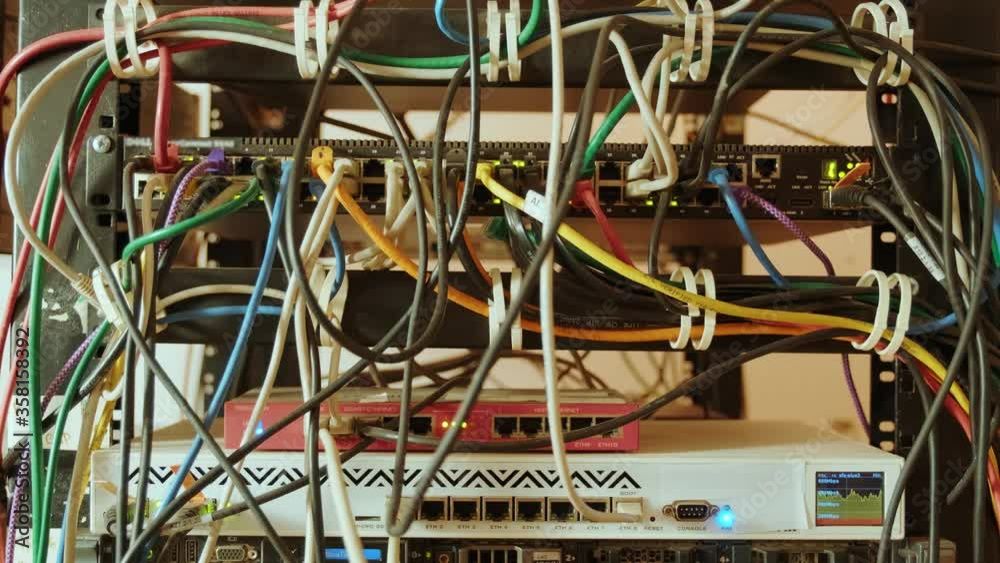 Video Stock Network switch and cable in rack Network