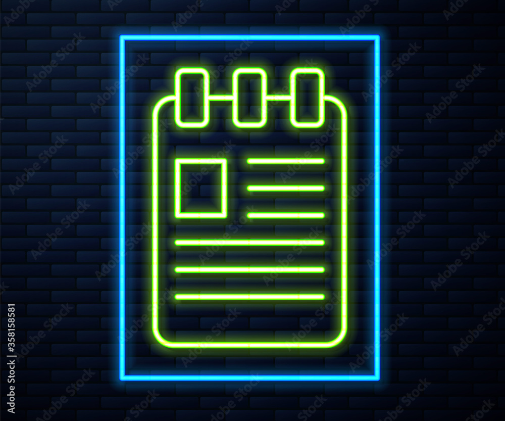 Glowing neon line Notebook icon isolated on brick wall background. Spiral notepad icon. School notebook. Writing pad. Diary for school. Vector Illustration Glowing neon line Notebook icon isolated on brick wall background. Spiral notepad icon. School notebook. Writing pad. Diary for school. Vector Illustration