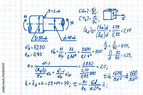 Vector background with physics formulas and equations on notebook page. Vector vintage workbook.