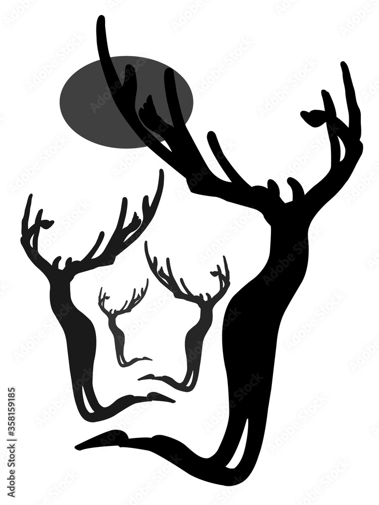 Magic background, black-gray-white, forest in the forest and the Moon. Magic background, black-gray-white, forest in the forest and the Moon.