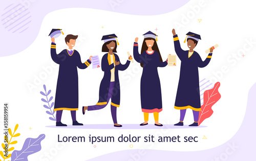 Group of diverse academic friends graduating together in their gowns and mortarboard hats celebrating and laughing in an education concept, colored vector illustration