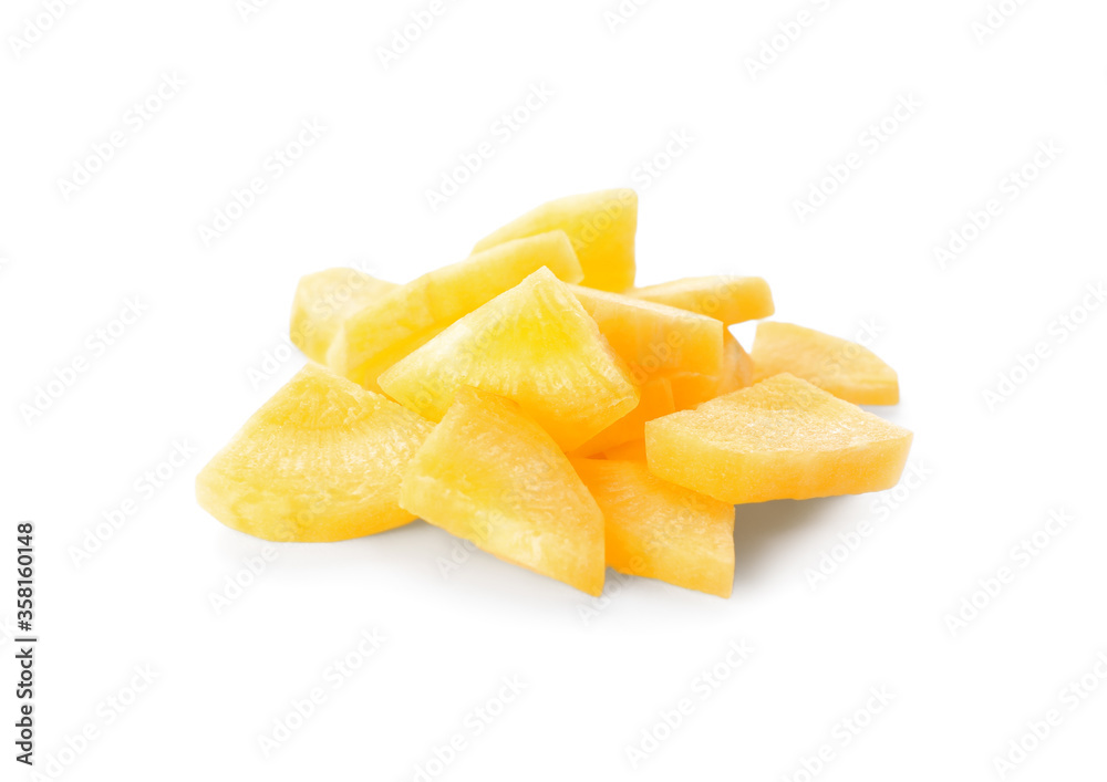 Slices of raw yellow carrot isolated on white Slices of raw yellow carrot isolated on white