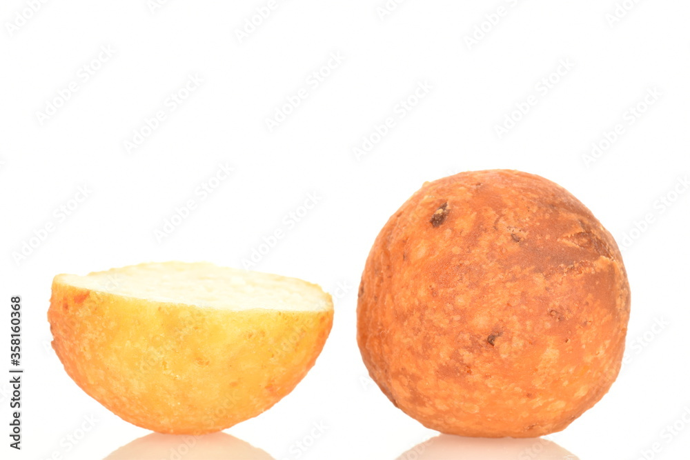 Fresh aromatic, cheese donuts, close-up, on a white background.