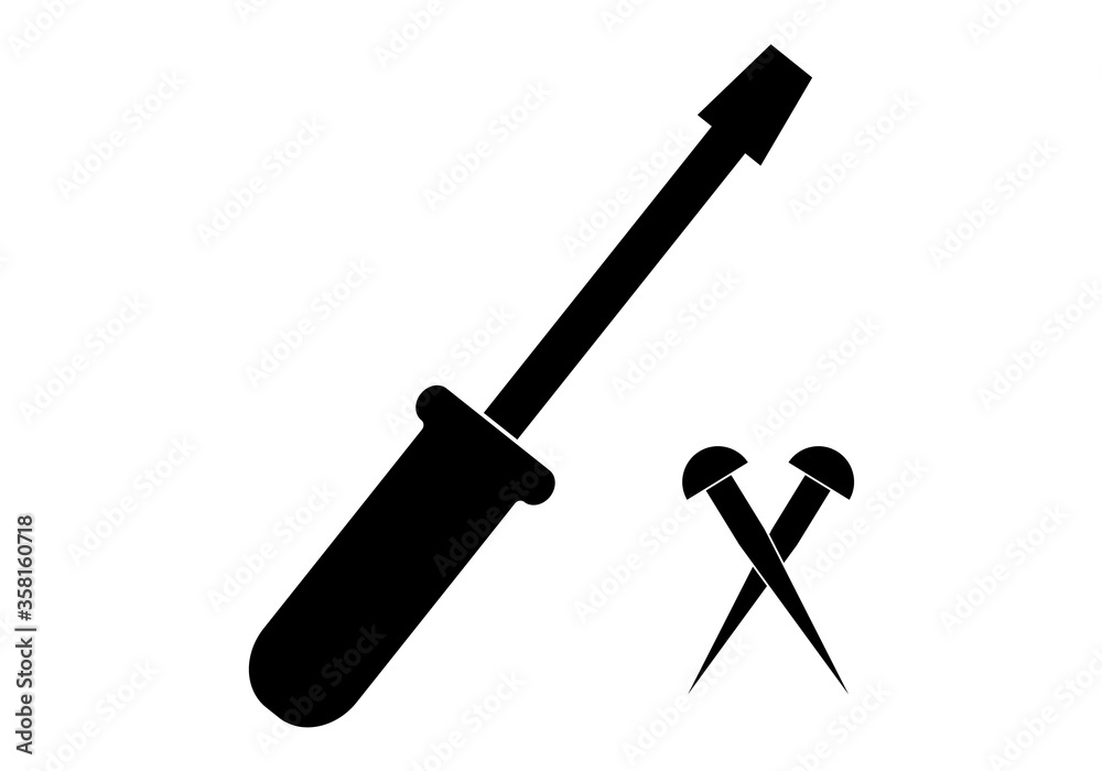 Icono negro de un destornillador y tornillos. Icono negro de un destornillador y tornillos.