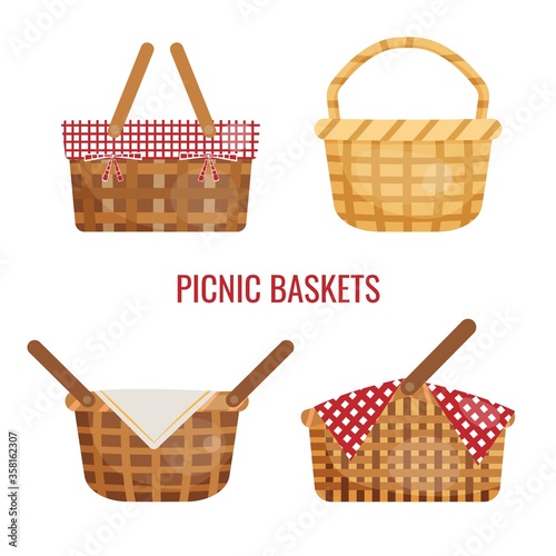 Set with picnic baskets for outdoor lunch. Vector illustration