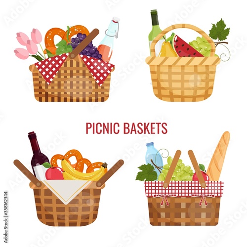 Set with picnic baskets full of food and drinks wine, fruits, vegetables, pretzel, baguette for outdoor lunch. Vector illustration