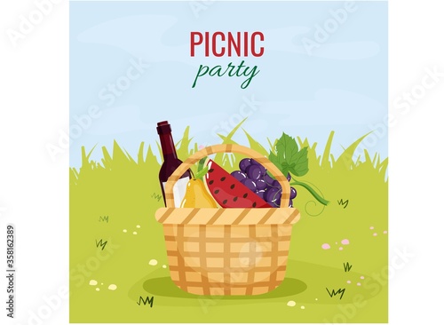 Picnic basket with wine bottle and fruits on grass and sky background. Summer vector illustration for cards, invitations
