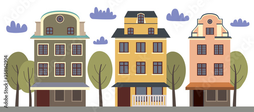 Vector collection with houses. Street with colorful houses, trees and clouds on a white background.